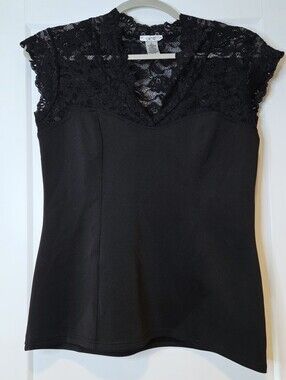 Vintage Cache Y2K Black Sheer Floral Lace V Neck Top Size L